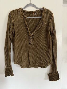 Free People Olive Waffle Henley Long Sleeve Top